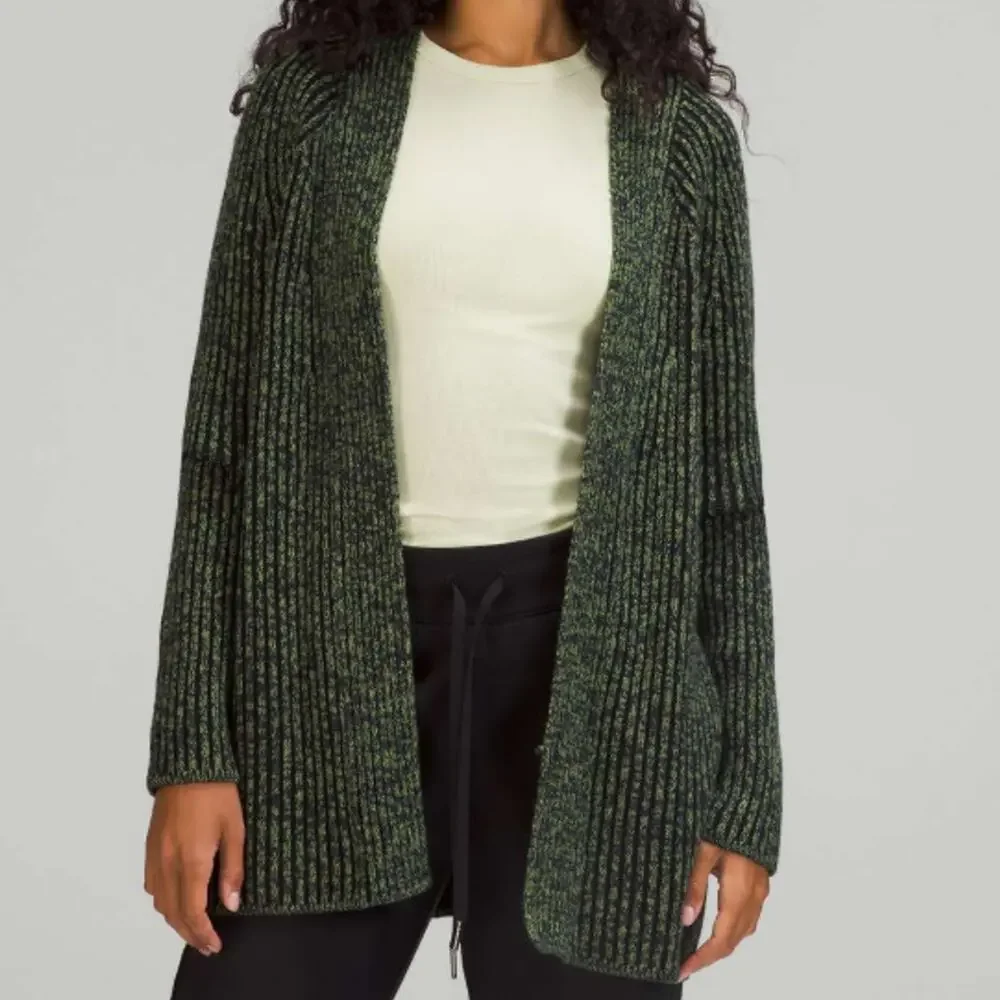 Lululemon Cotton Cashmere Blend Sweater Wrap Cardigan 2 Green Foliage Open Knit